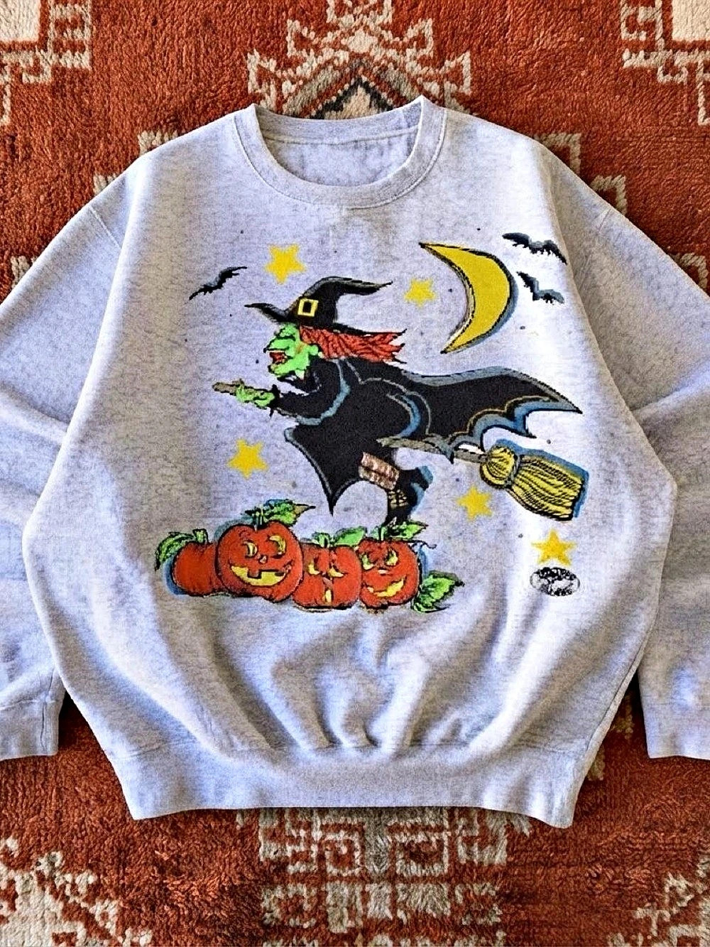 Ash Grey Witch on Broomstick & Lanterns Halloween Gildan Reprint Sweatshirt